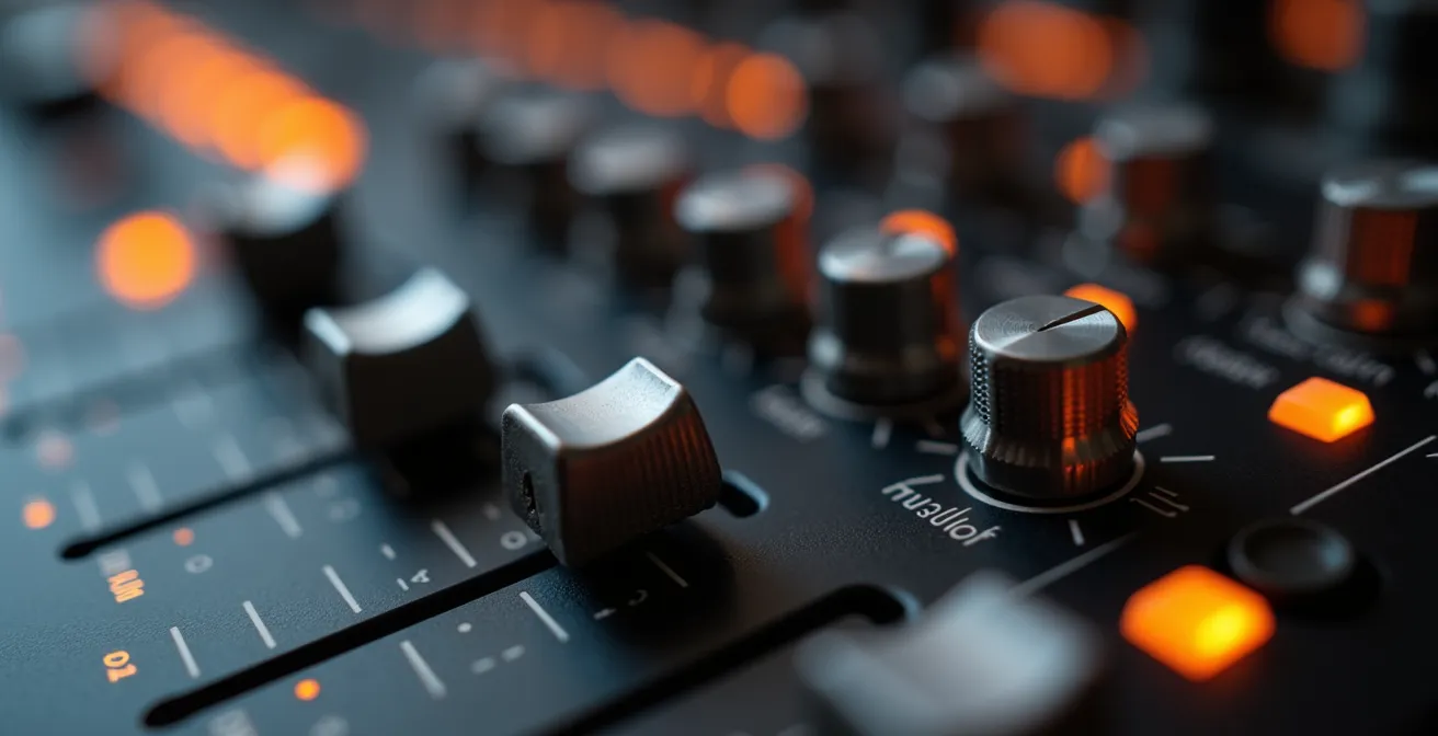 Makroaufnahme von Studioreglern und Faders zur Klangbearbeitung