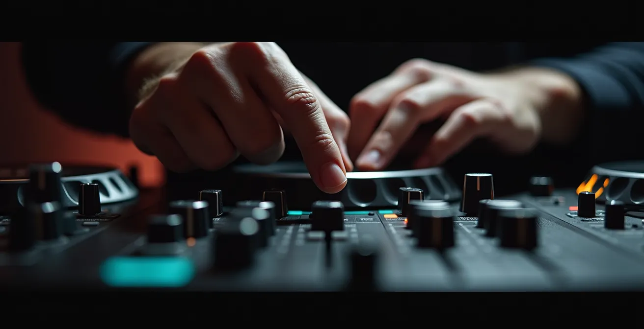 Nahaufnahme von DJ-Händen beim Überblenden zweier Tracks mit sichtbaren Wellenformen