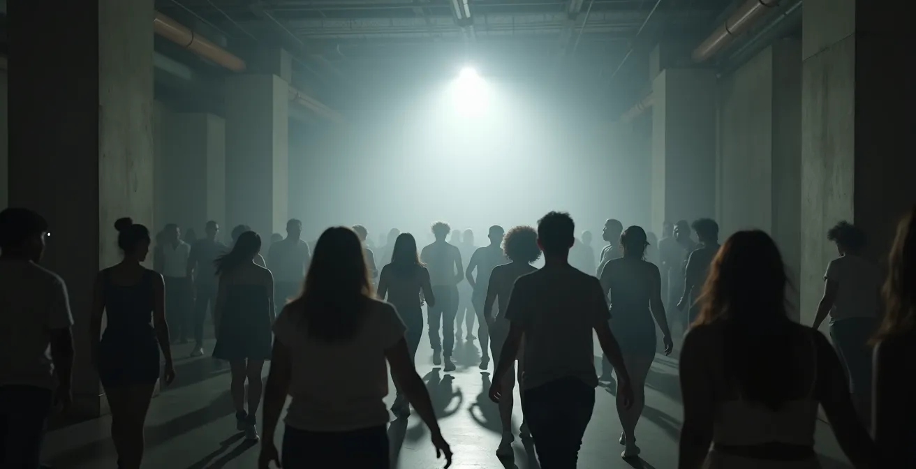 Verschiedene Altersgruppen tanzen gemeinsam in einem minimalistischen Technoclub