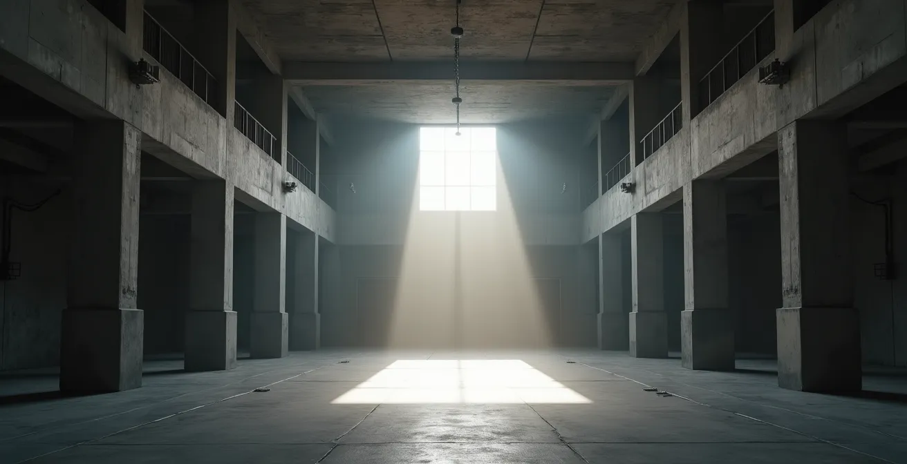 Minimalistische Darstellung eines Berliner Clubraums mit betonter Raumakustik