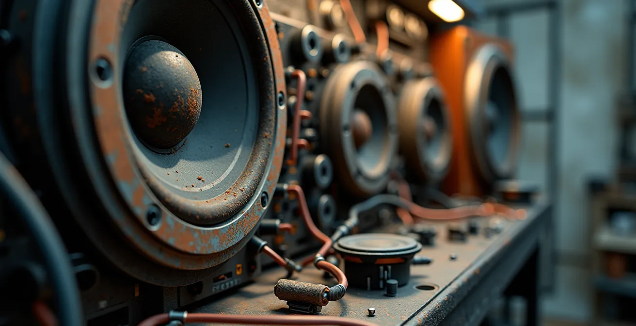 DIY-Soundsystem eines Berliner Techno-Kollektivs in einer verlassenen Fabrikhalle