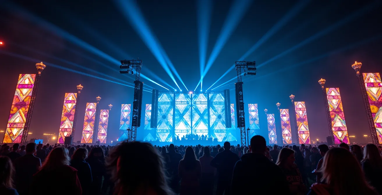 Nächtliche Lichtinstallation im Block9-Bereich mit tanzender Menschenmenge