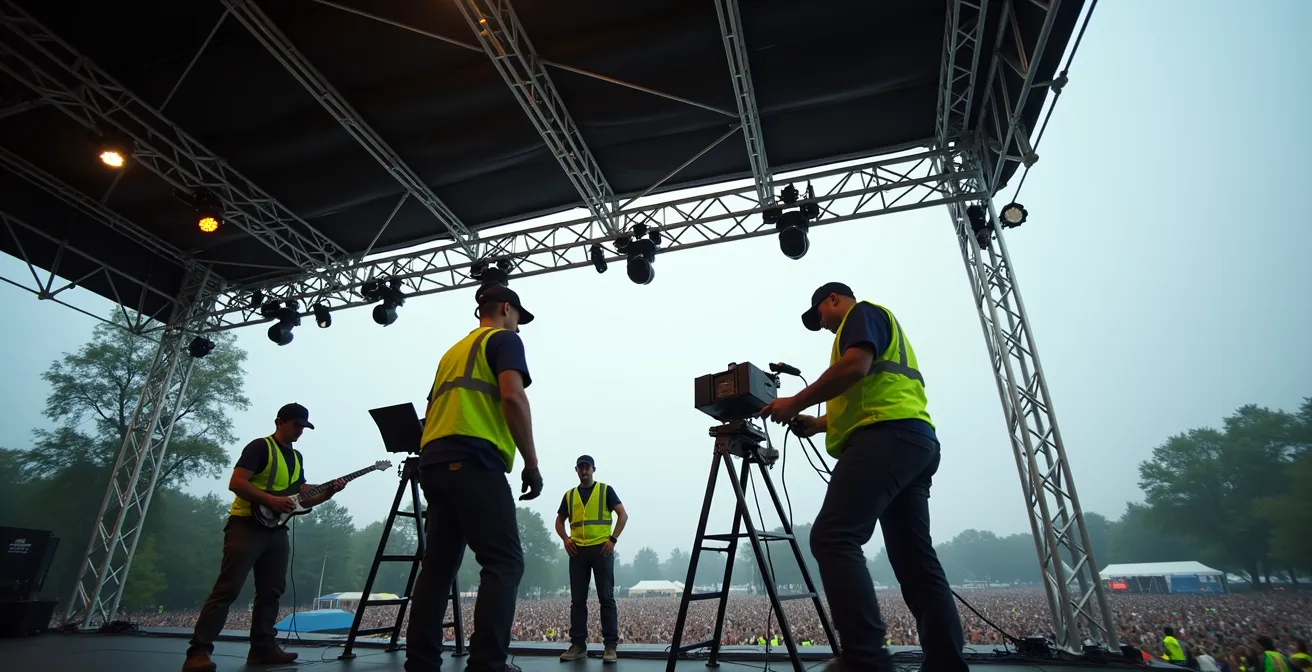 Professionelle Bühnenkonstruktion mit schützendem Dach und Technikbereich bei einem deutschen Open-Air Festival