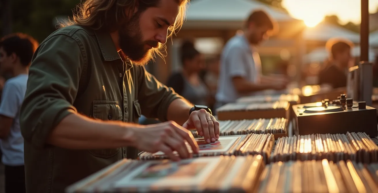 DJ durchsucht Plattenkisten auf deutschem Flohmarkt nach Sample-Material