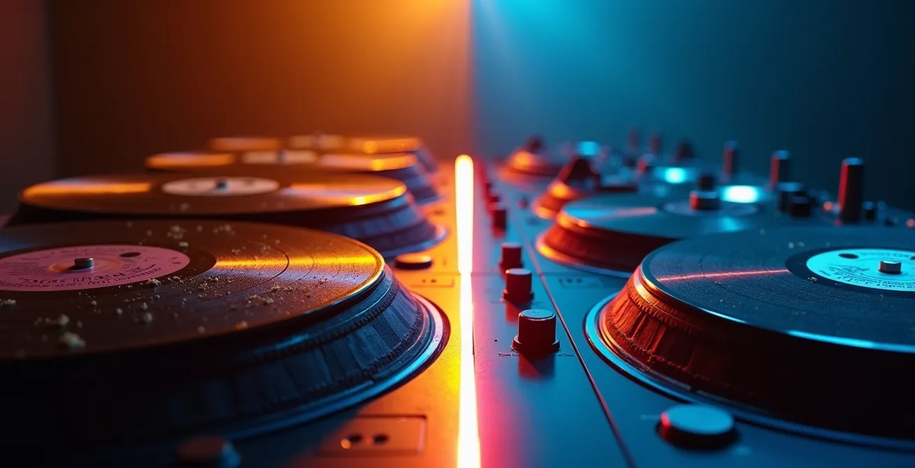 Vintage Disco-Platten aus den 70ern neben modernen House-Remixes