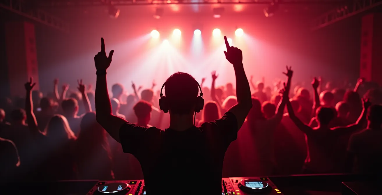 Weitwinkelaufnahme eines DJs vor energiegeladener Clubmenge während Peak-Time