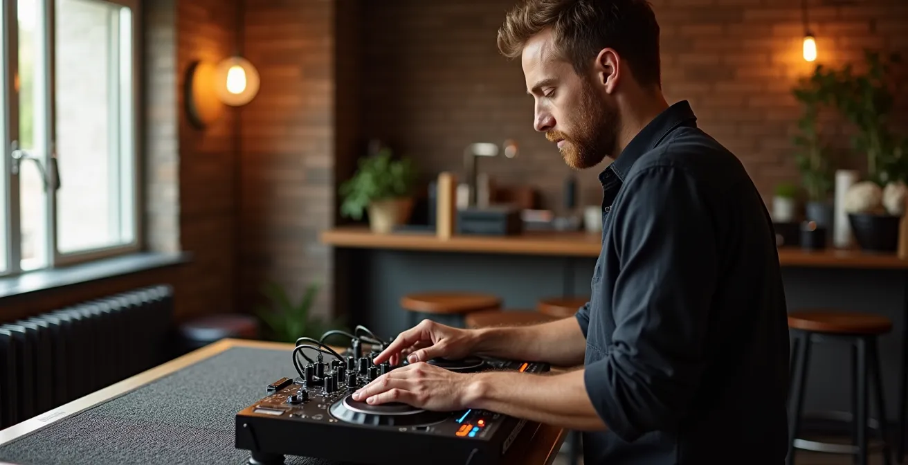 Ergonomischer DJ-Arbeitsplatz mit höhenverstellbarer Kanzel und Anti-Ermüdungsmatte