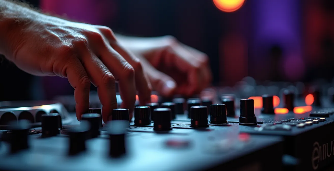 Nahaufnahme von DJ-Händen am Mixer während eines präzisen Übergangs