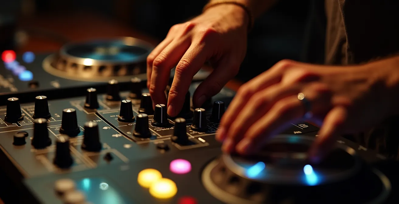 Nahaufnahme von DJ-Händen am Mixer, die die manuelle und emotionale Kuration eines Sets verdeutlichen
