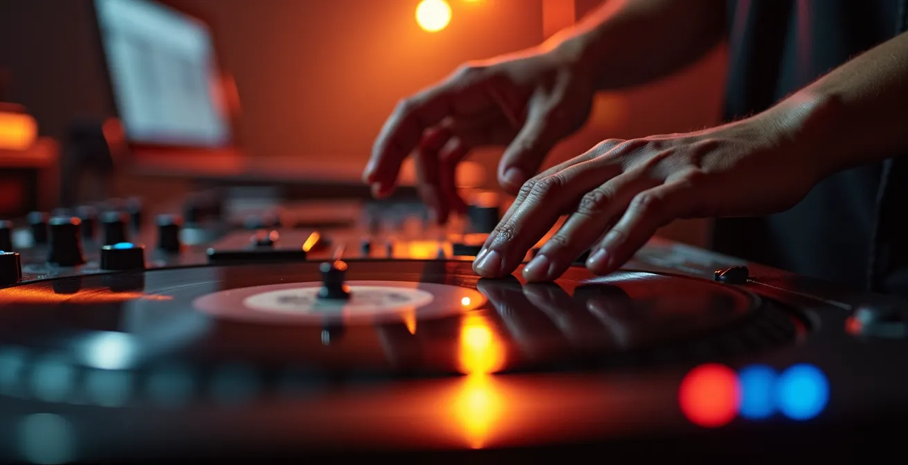 DJ-Hand in Bewegung über drehendem Vinyl, verschwommene Bewegung zeigt dynamische Kontrolle