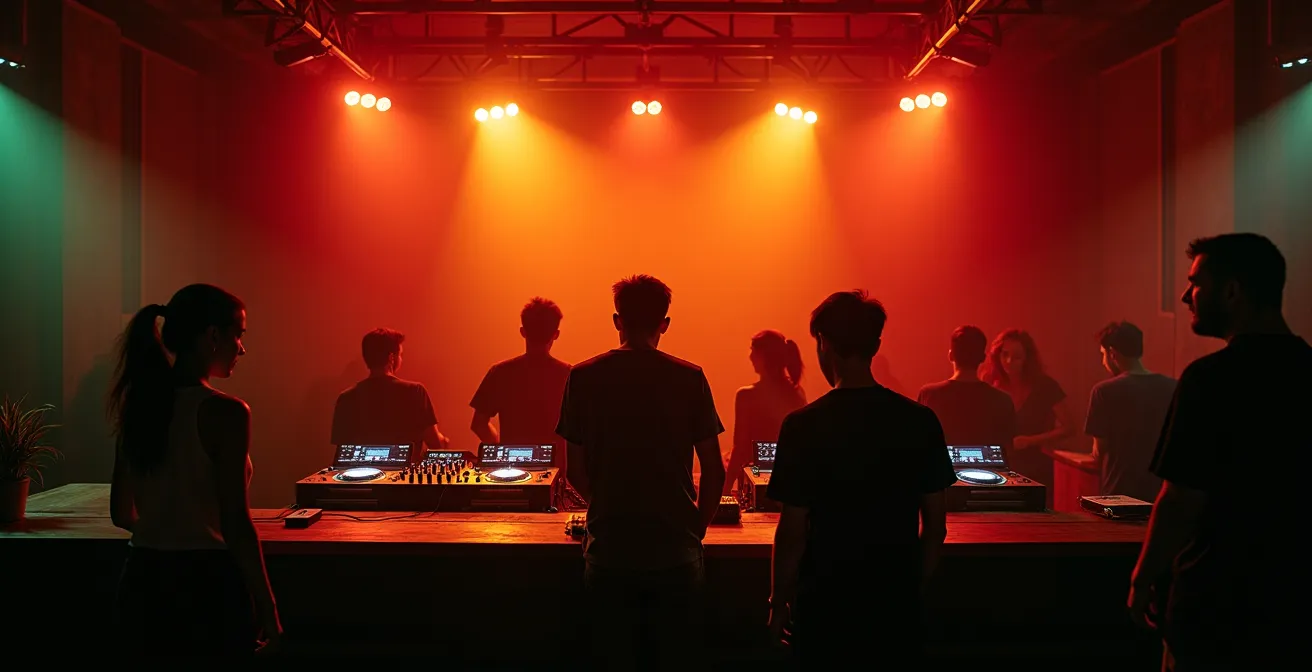 Visualisierung des Rot-Gelb-Grün Zonenkonzepts einer DJ-Kanzel