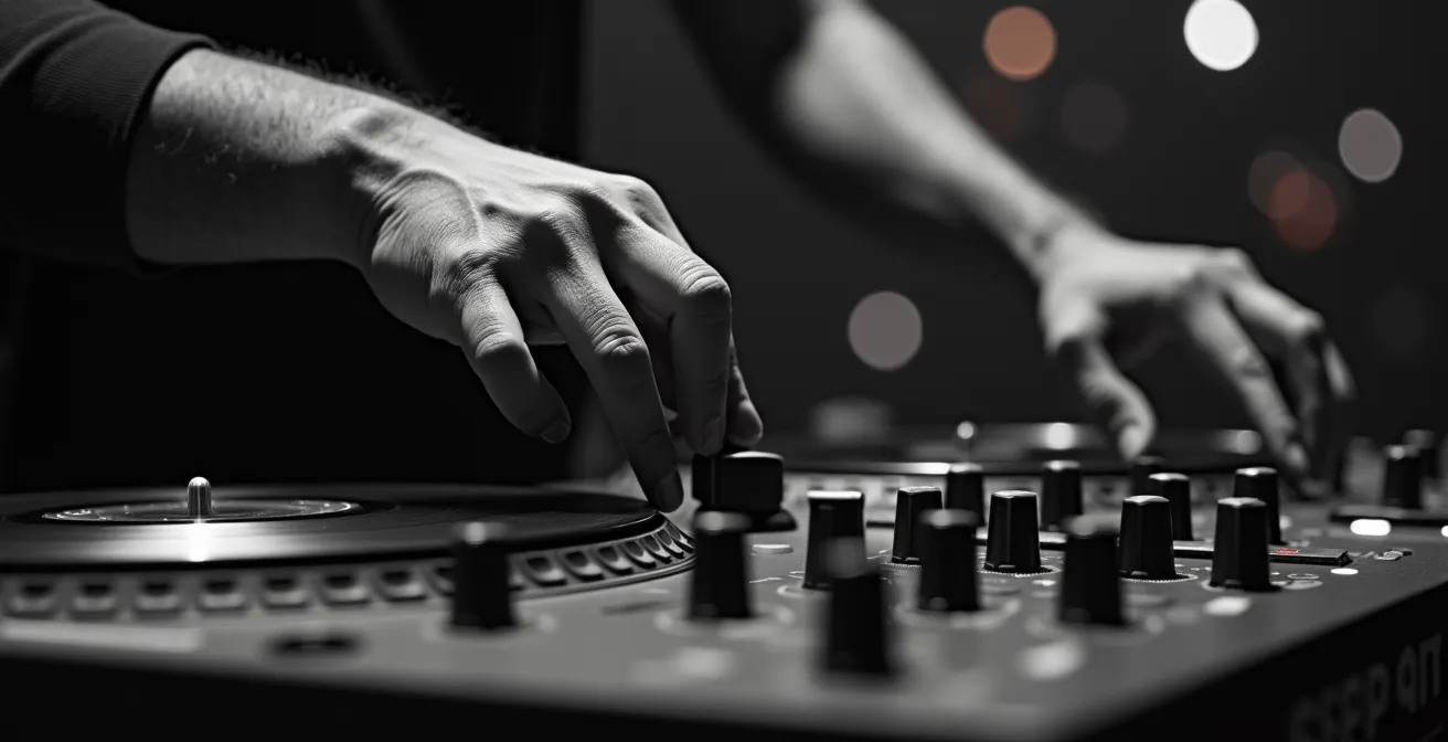 Nahaufnahme von DJ-Händen beim Überblenden zwischen zwei Tracks im schwach beleuchteten Club