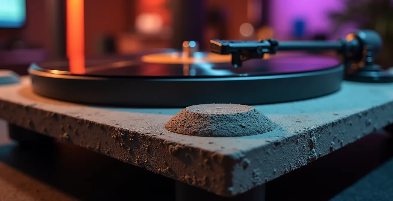 Nahaufnahme eines DJ-Plattenspielers auf Steinplatte mit Schwingungsdämpfern