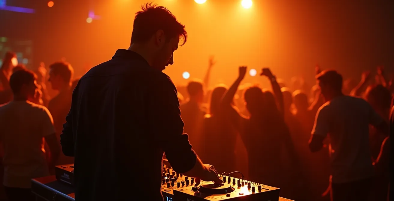 DJ beobachtet Publikumsreaktion im atmosphärischen Clubsetting