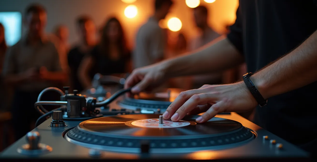 DJ-Performance mit analogem Equipment in einem Berliner Pop-up Store