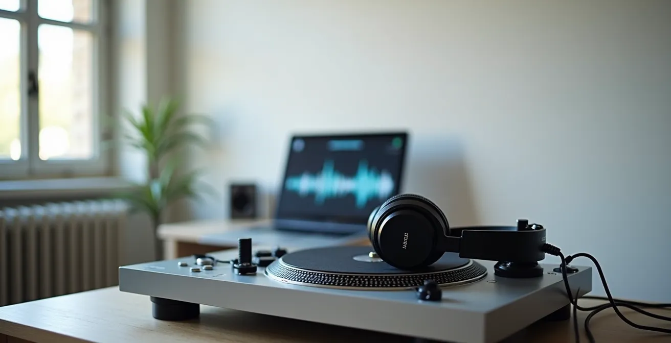 DJ übt Scratch-Timing mit Kopfhörern und visualisiertem Beat-Grid