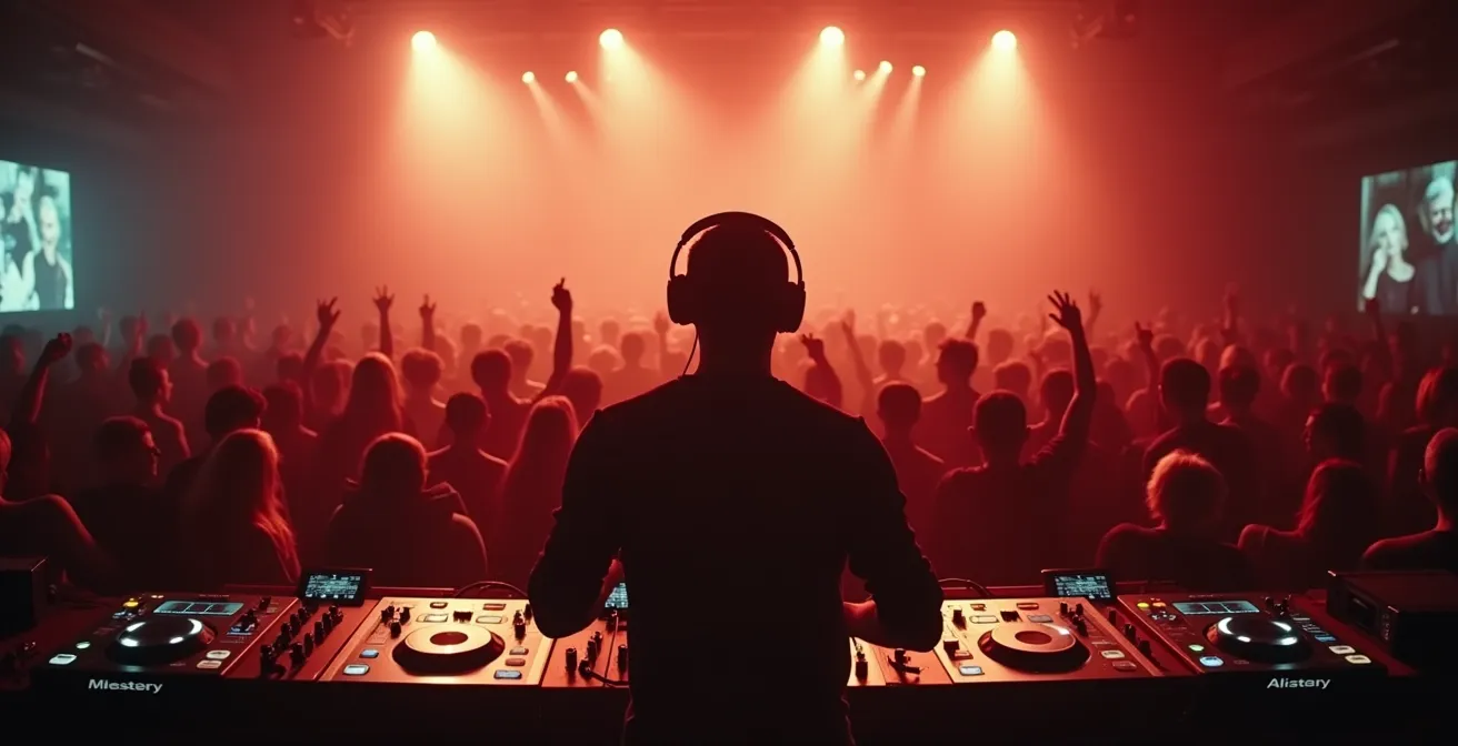 Weitwinkelaufnahme eines DJs in Bewegung beim Mixing, verschwommene Handbewegungen zeigen die Dynamik zwischen langen und schnellen Übergängen