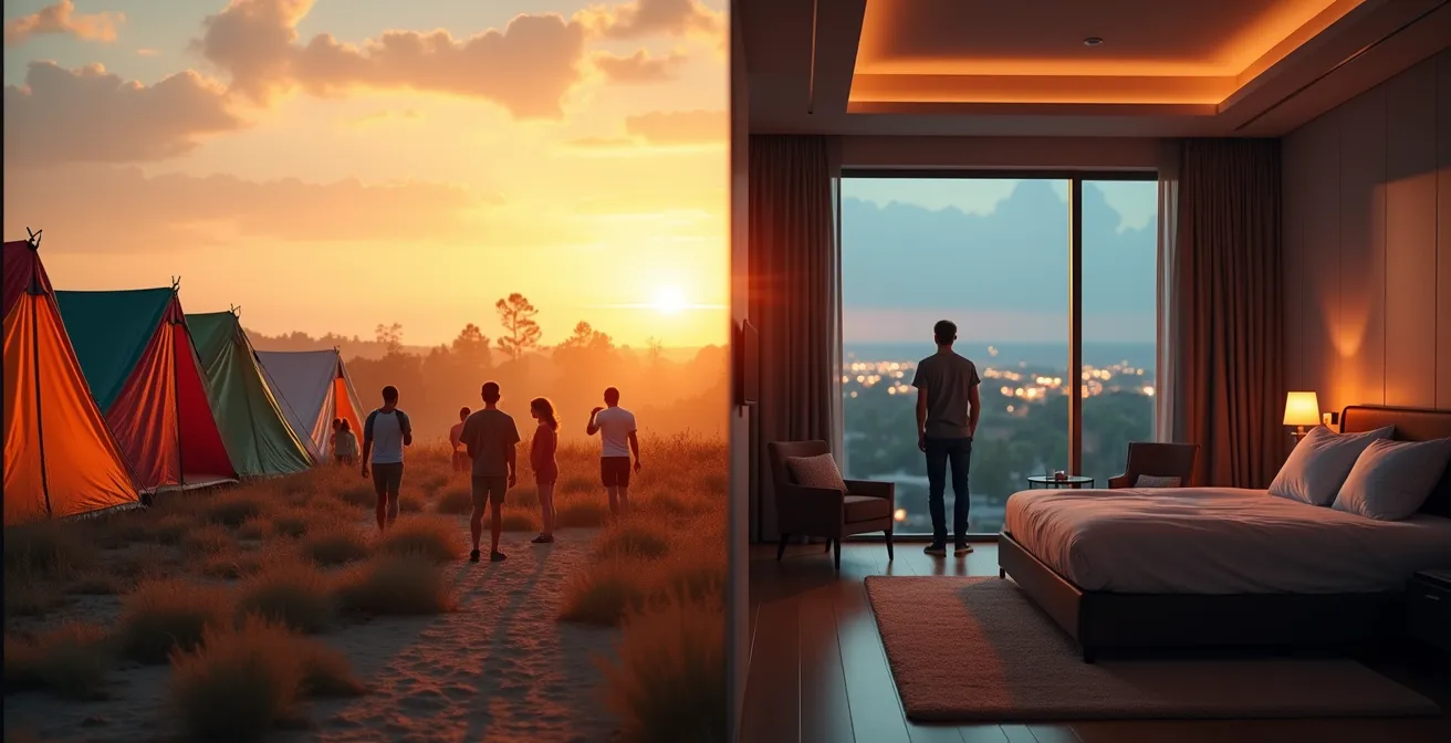 Geteilte Szene: Links buntes Festivalzelt bei Sonnenuntergang, rechts modernes Hotelzimmer