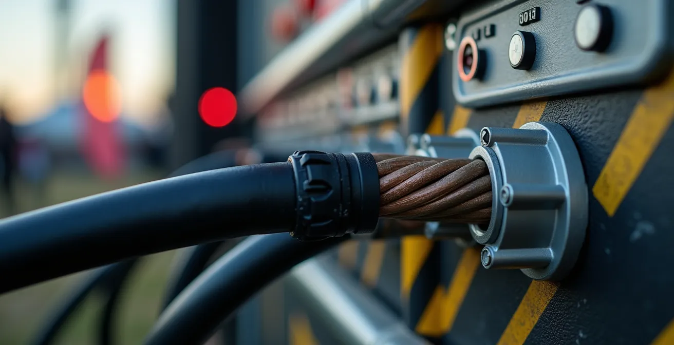 Detailaufnahme von professioneller Stromverteilung mit Generator und Verkabelung auf einem Festival-Gelände