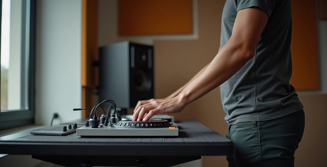 DJ an höhenverstellbarem Studiotisch mit korrekter Körperhaltung und Anti-Ermüdungsmatte