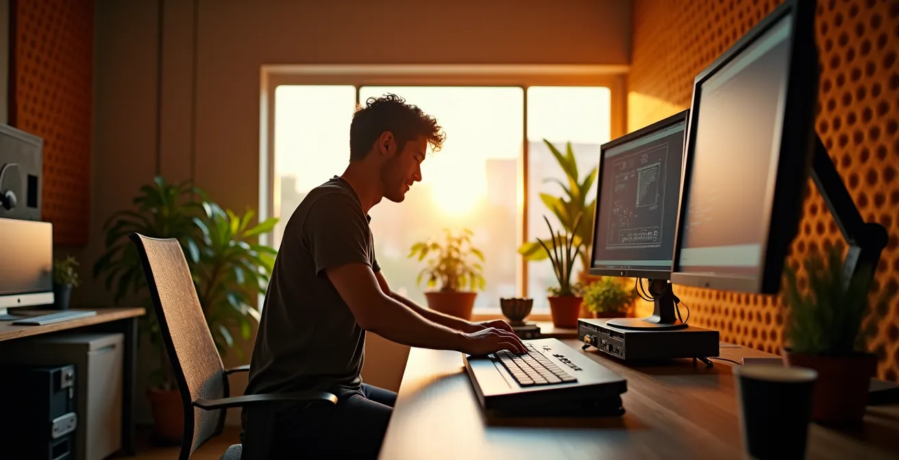 Ergonomisch optimierter Musikstudio-Arbeitsplatz mit idealer Beleuchtung