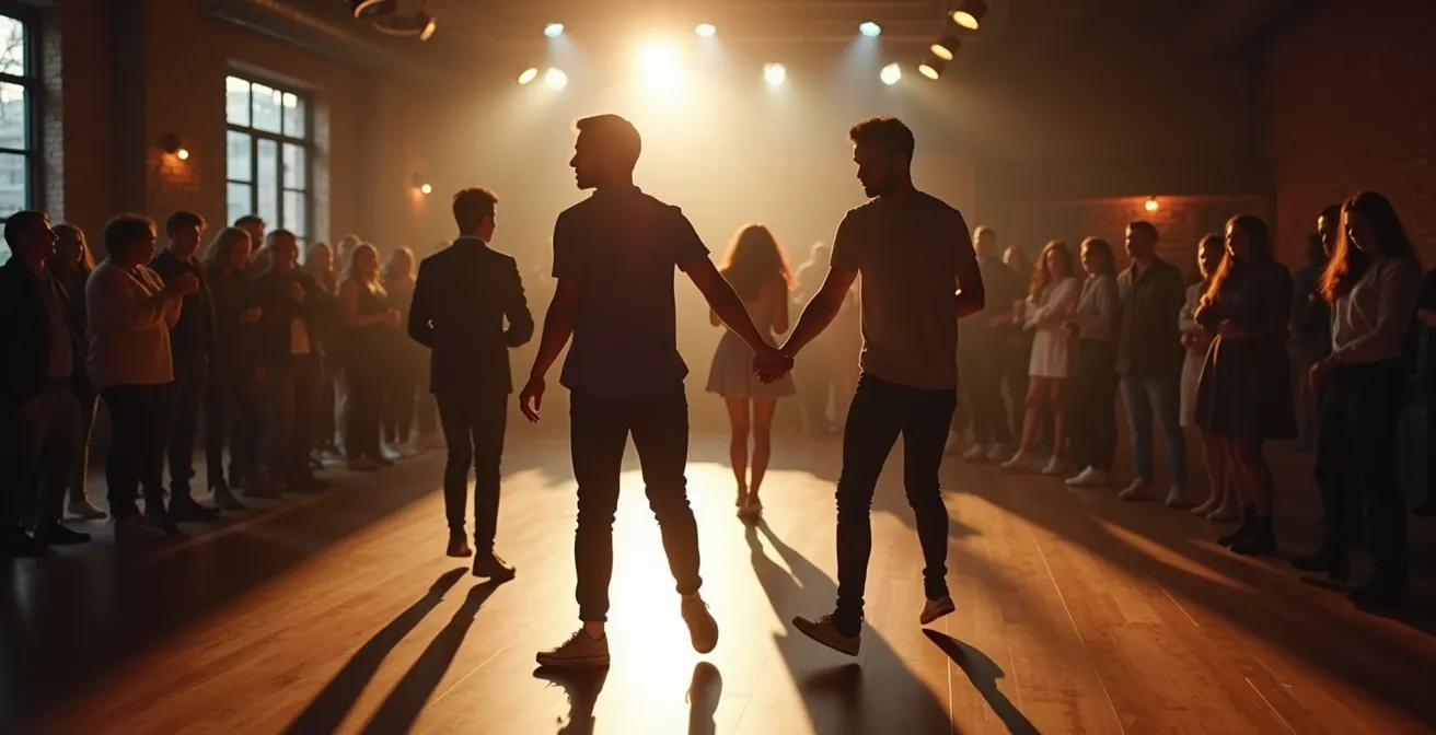 Erste mutige Tänzer betreten eine noch leere Tanzfläche während der DJ beobachtet