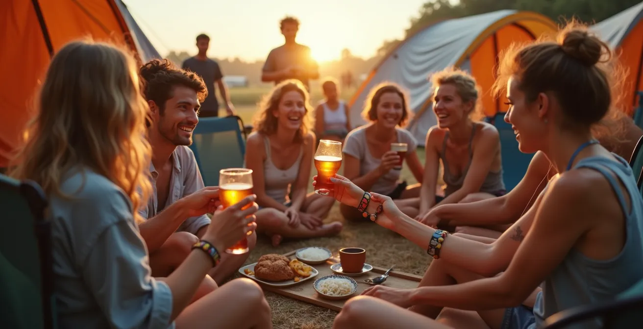 Festival-Community beim gemeinsamen Feiern zwischen Zelten