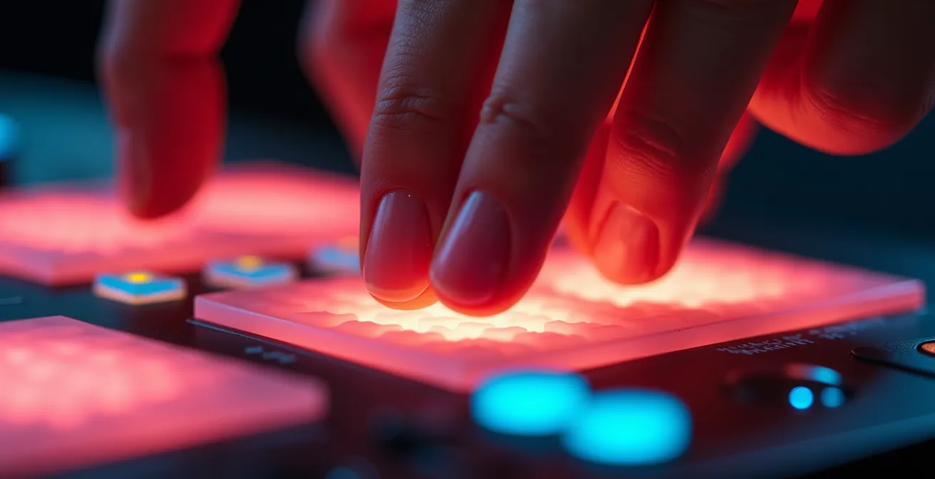 Makroaufnahme von Fingern auf beleuchteten Hot Cue Pads während Finger-Drumming