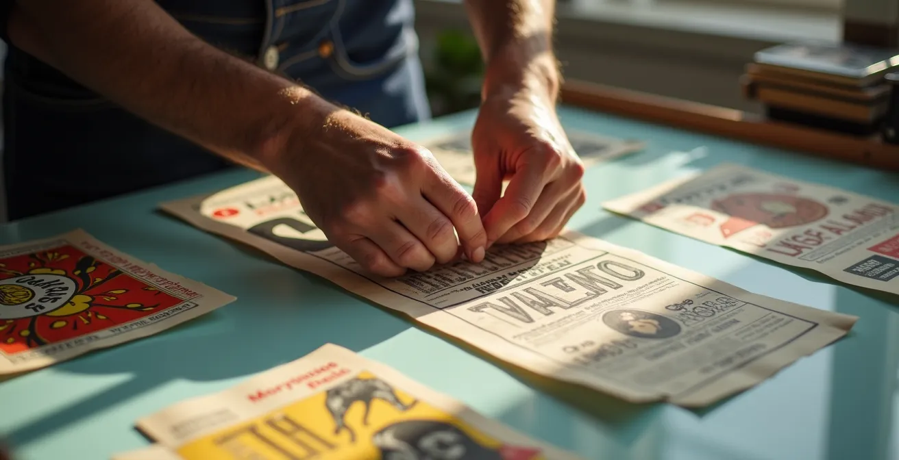 Chronologische Anordnung von Techno-Flyern aus verschiedenen Jahrzehnten