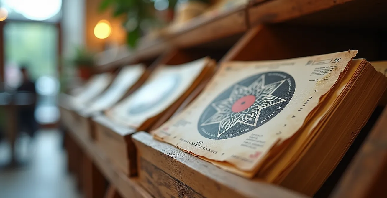 Flyer-Ständer in einem Berliner Plattenladen mit sortierten Club-Flyern