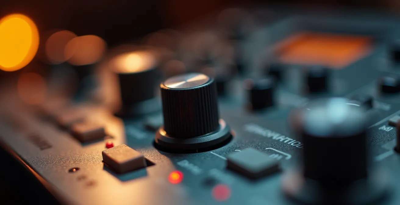 Makroaufnahme von Frequenzanalyse-Display und Drum-Machine-Reglern