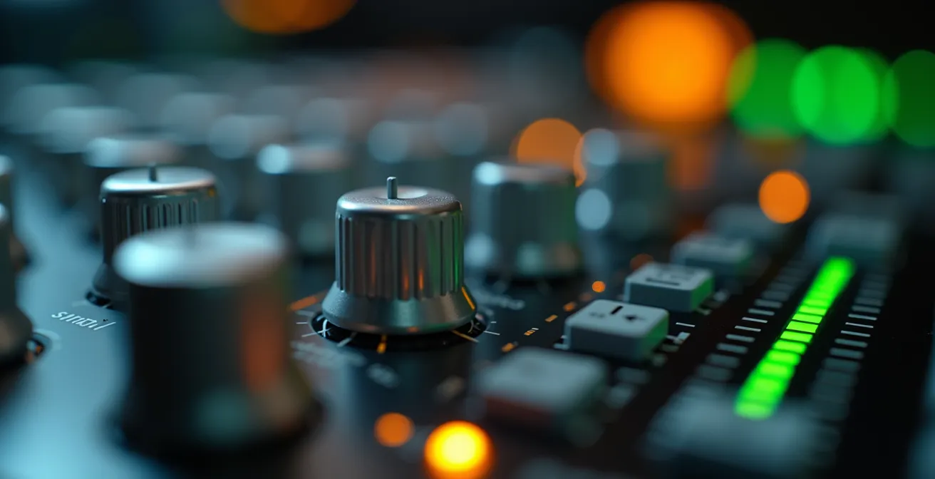 Makroaufnahme von Gain-Reglern und Pegelanzeigen