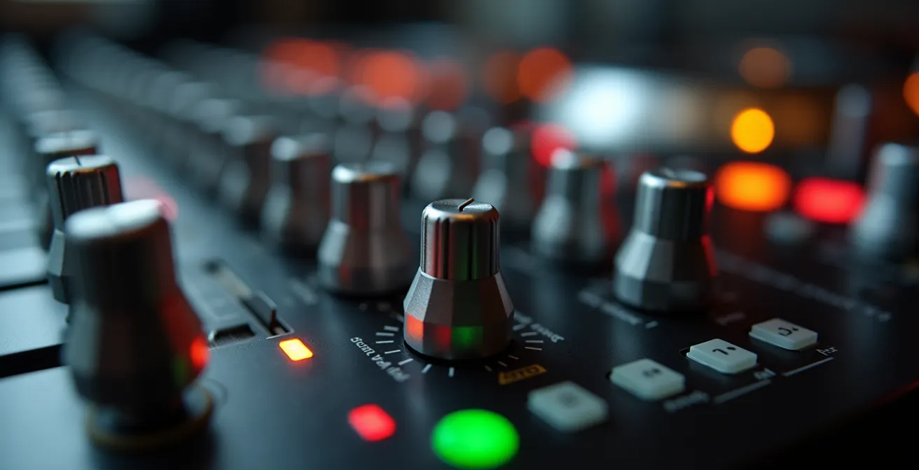 Makroaufnahme von Mixer-Pegelanzeigen mit korrektem Gain-Staging bei 0dB
