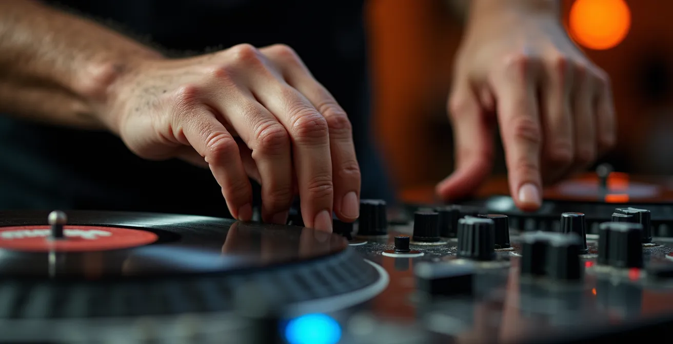 Älterer DJ zeigt jüngerem Nachwuchs-DJ die Plattentechnik