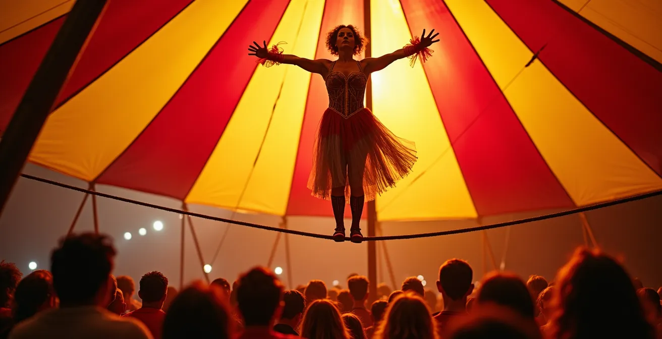 Zirkusartistin beim Seiltanz in einem bunten Festivalzelt bei Glastonbury