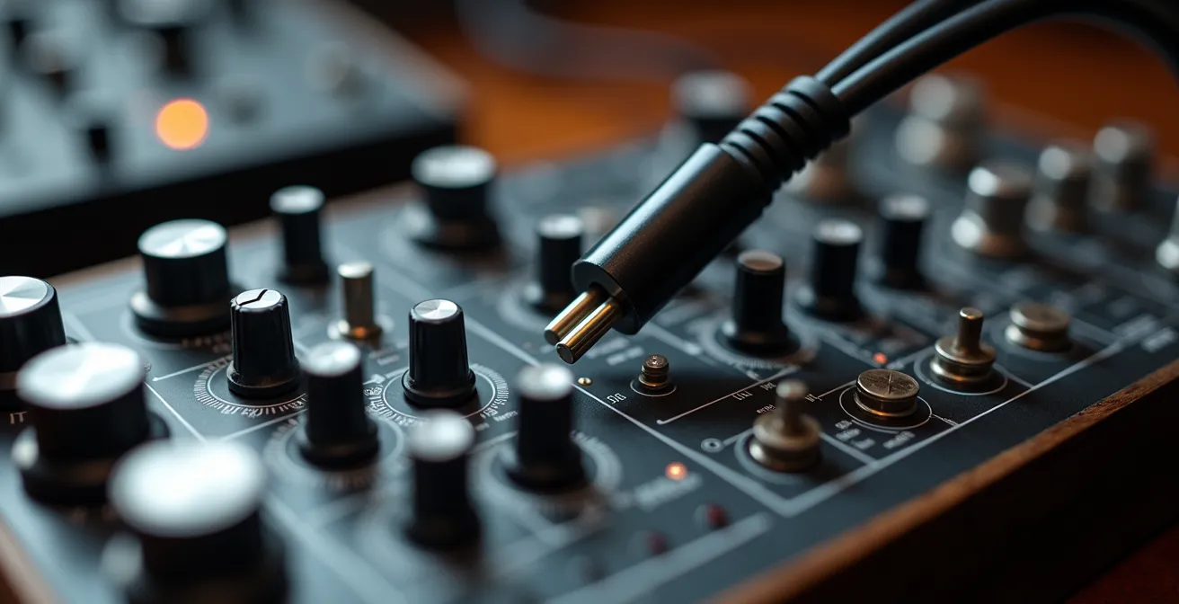 Detailaufnahme eines modularen Synthesizer-Setups mit Patch-Kabeln in einem Live-Kontext