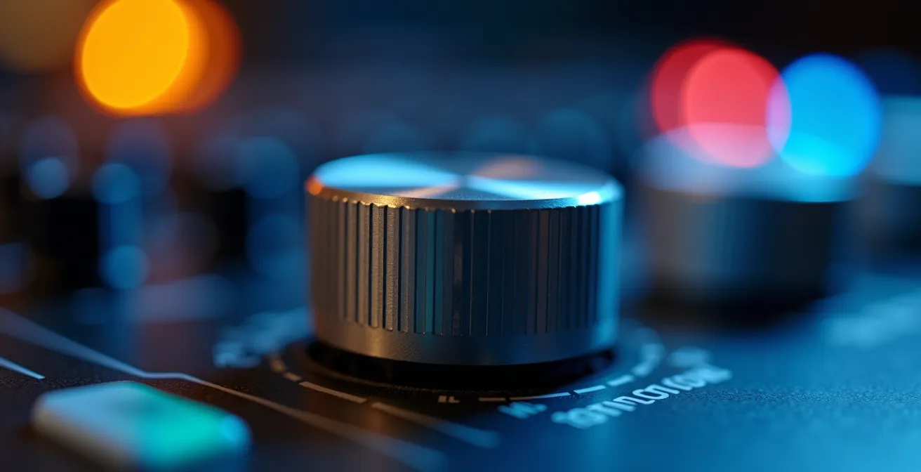 Nahaufnahme von Isolator-Drehreglern eines professionellen DJ-Mixers mit dramatischer Beleuchtung