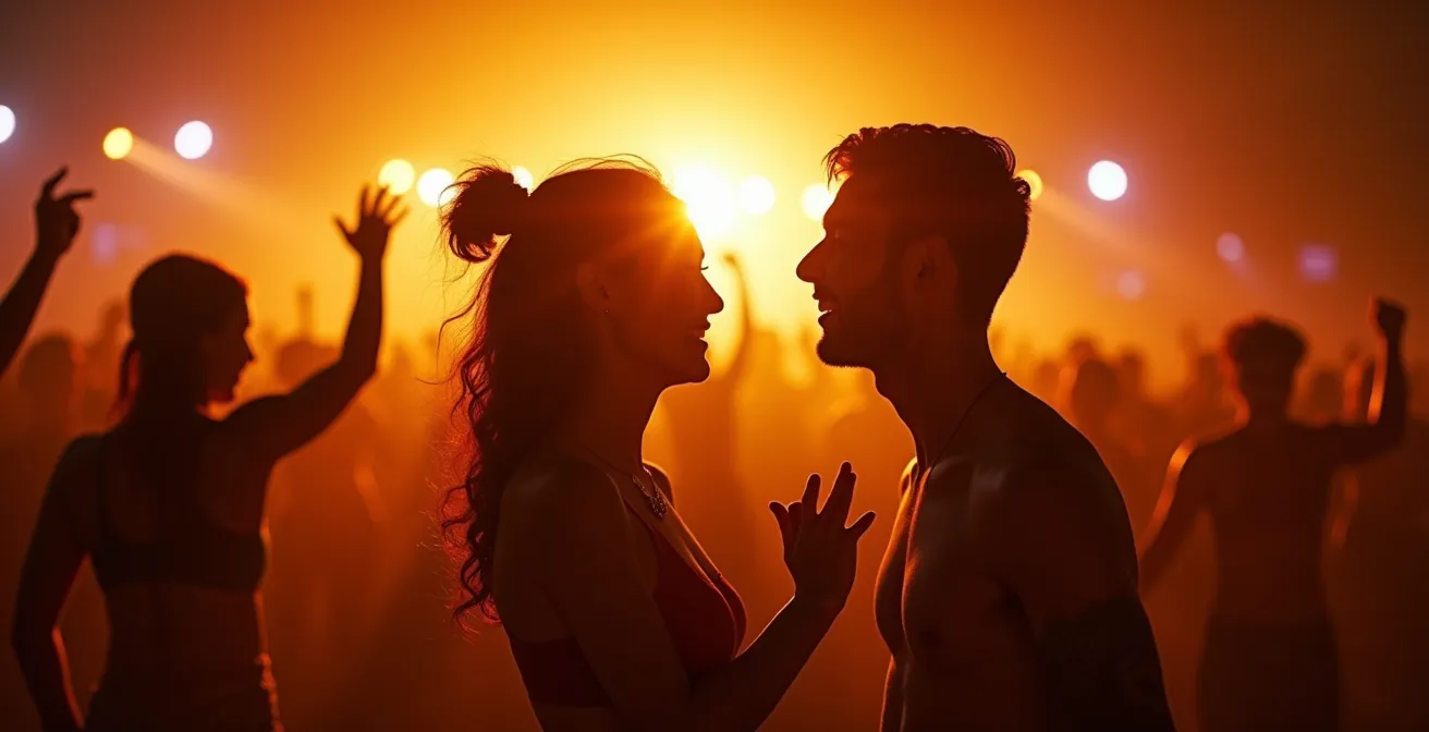 Intime Festivalatmosphäre an kleiner Bühne mit tanzenden Menschen im warmen Licht