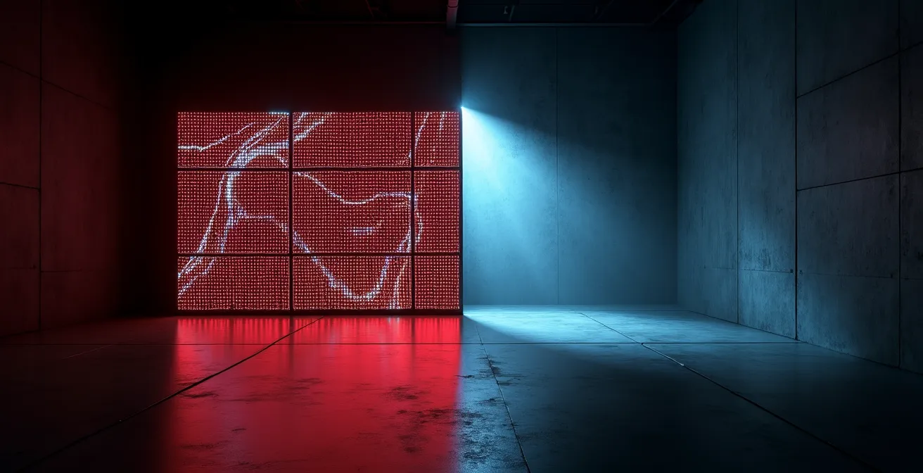 Visueller Vergleich zwischen LED-Wand und Projektion im dunklen Club-Environment