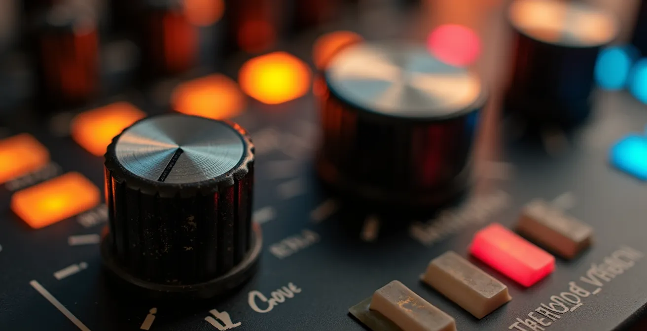 Nahaufnahme von analogen Drehreglern mit sichtbaren Gebrauchsspuren, während ein digitales Interface im unscharfen Hintergrund leuchtet.