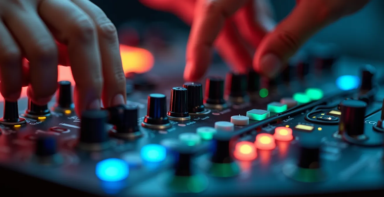 Komplexes Live-Performance Setup mit Synthesizern und Instrumenten