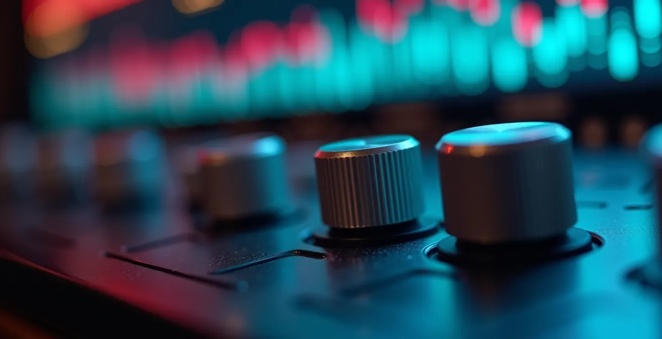 Nahaufnahme eines parametrischen EQ-Plugins mit Low-Cut-Kurve und Frequenzanalyse