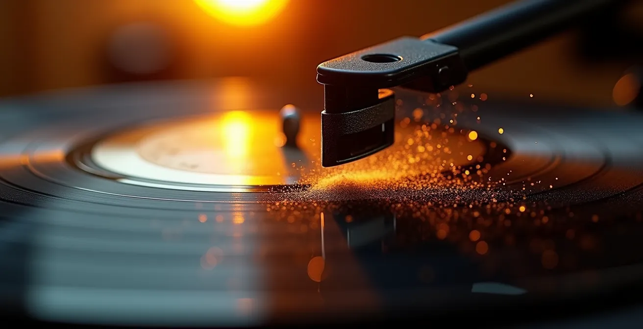 Makroaufnahme einer Vinyl-Platte mit sichtbarer Rillenstruktur beim Scratchen