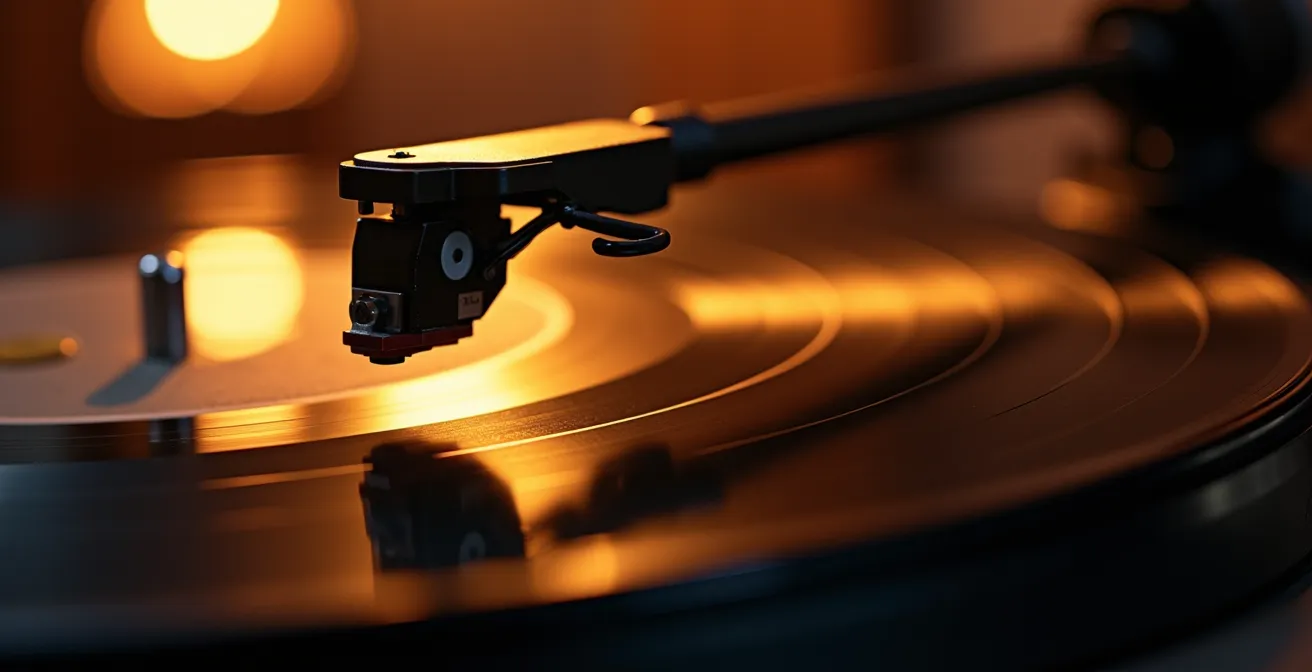 Extreme Nahaufnahme eines Plattenspielers mit Vinyl, der die Präzision bei 120 BPM symbolisiert