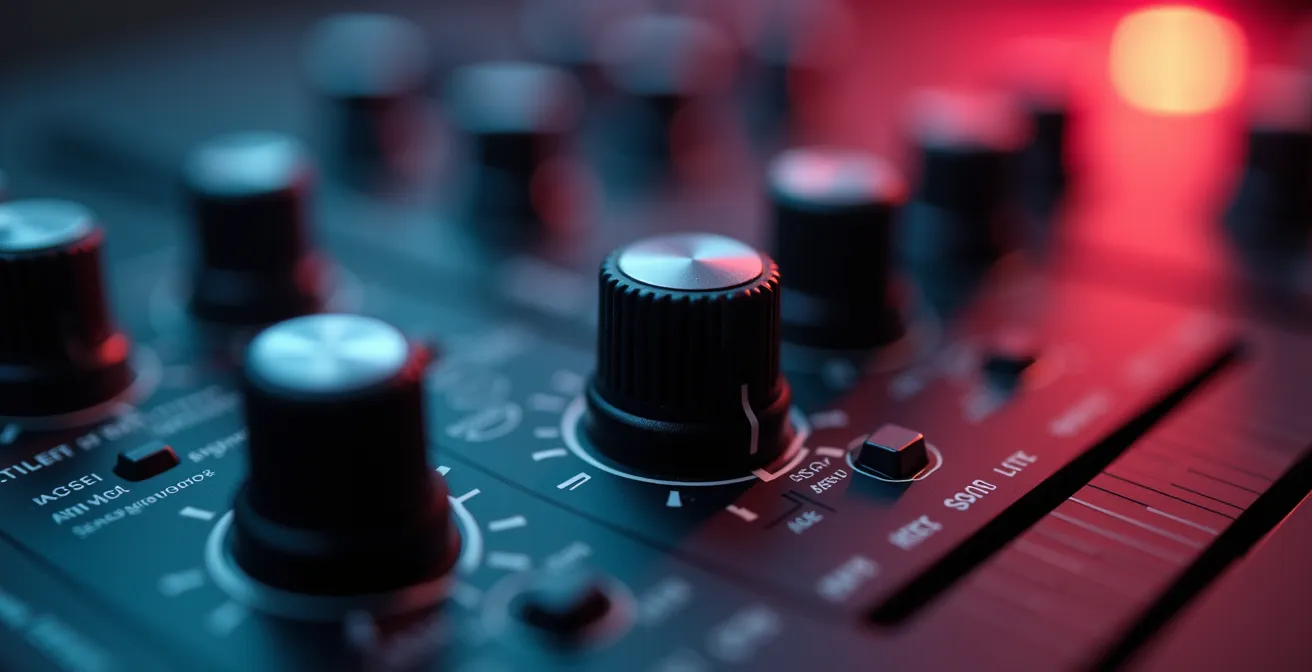 Makroaufnahme von Synthesizer-Parametern mit subtilen Bewegungen