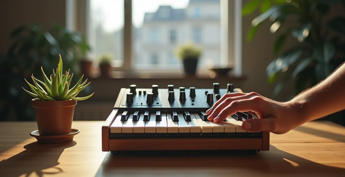 Minimalistisches Berliner Musikstudio mit einer bewussten, reduzierten Auswahl an Geräten, die den Fokus auf das Wesentliche symbolisiert.