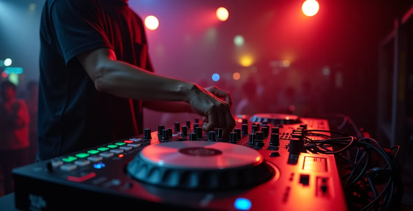 Mischpult mit Kabeln und Signalfluss-Visualisierung