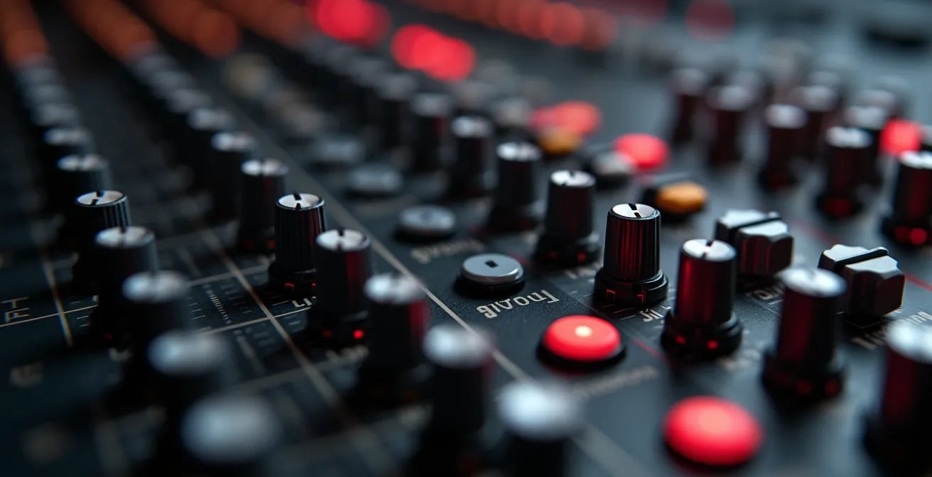 Nahaufnahme eines analogen Mischpults mit Send/Return-Routing für Dub-Techno