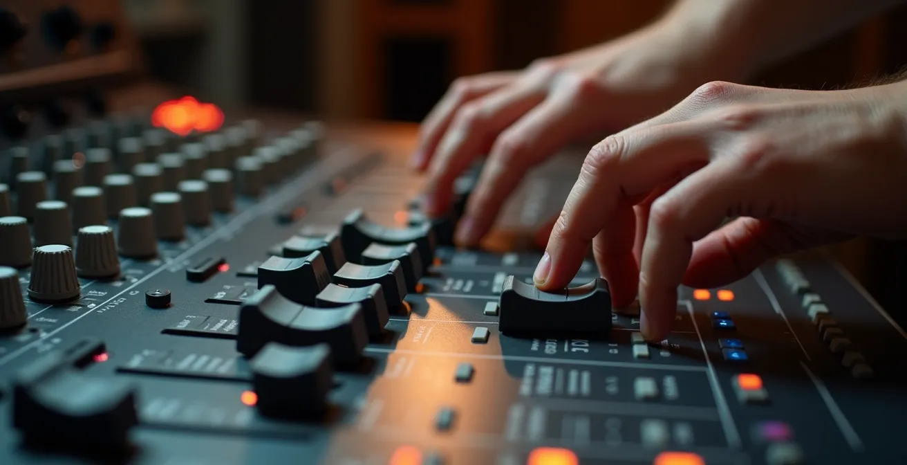 Professionelle Mixing-Konsole mit Fadern in verschiedenen Positionen und Lichtreflexionen