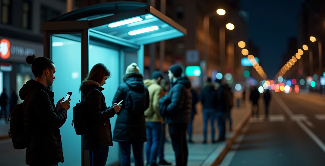 Menschen an einer nächtlichen Bushaltestelle mit warmer Beleuchtung, die auf den nächsten Bus warten.
